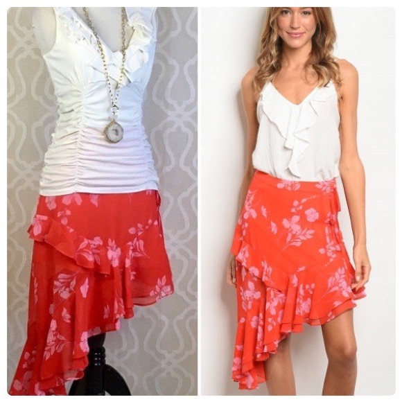 *CLEARANCE* Red Floral Asymmetrical Skirt - Picture 6 of 8